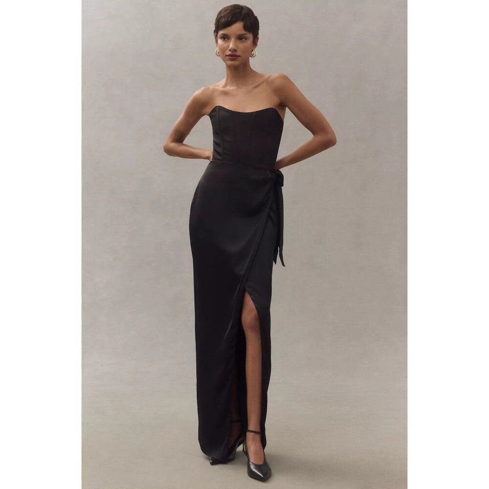 NEW V. Chapman June Corset Jacquard Front-Slit Gown Black Strapless Satin Size 4